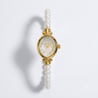 Elegant Deep Sea Pearl Strap Small Oval Dial Quartz Watch