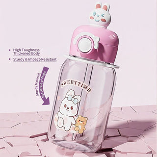 Ou Zhenglang Kids Plastic Straw Cup 600ml Cartoon Strap Design